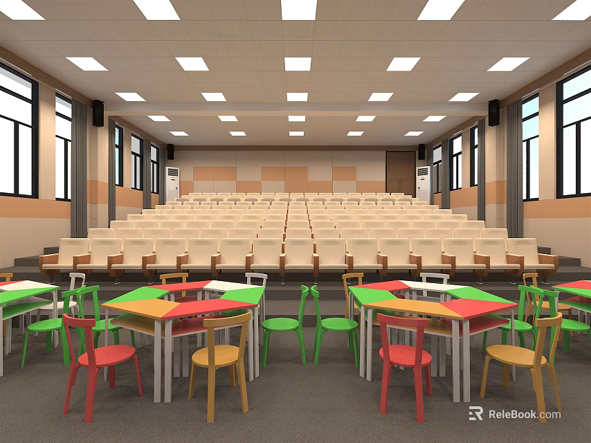 School Bright Multipurpose Hall Featuring Tiered Seats And Colorful Tables Chairs 3d model 
