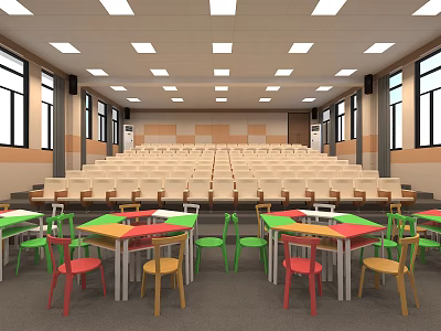 School Bright Multipurpose Hall Featuring Tiered Seats And Colorful Tables Chairs 3d model