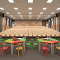 School Bright Multipurpose Hall Featuring Tiered Seats And Colorful Tables Chairs