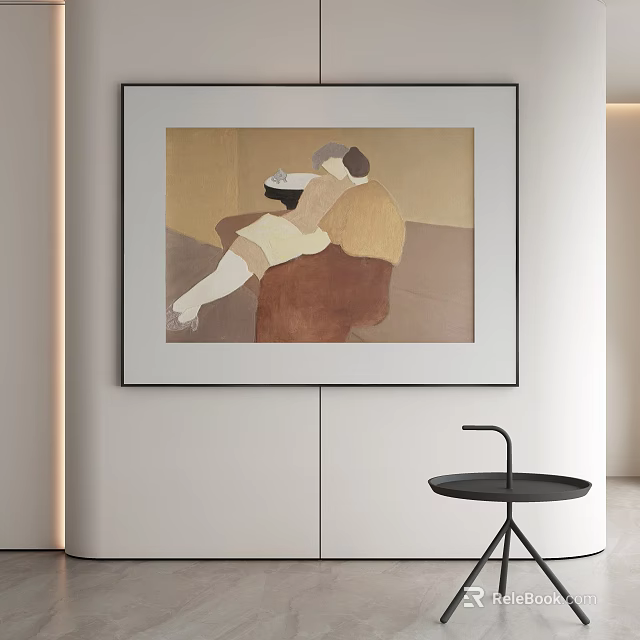 Framed Artwork With Seated Figure On Sofa In Modern Interior Room With Small Black Table 3d model
