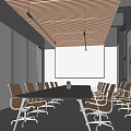 Modern Meeting Room With Long Table Wooden Chairs Linear Ceiling Projection Screen And Large Windows