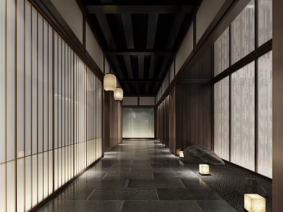 Japanese Style Elevator Hallway With Lanterns Wooden Walls And Stone Floor 3d model