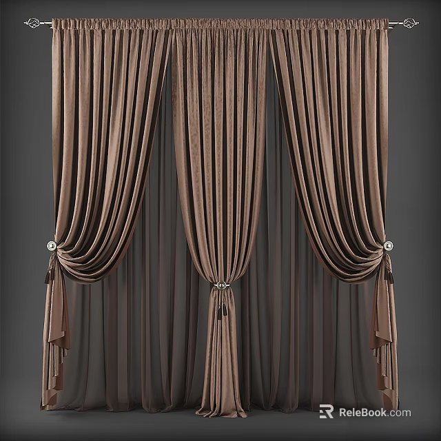 Elegant Pleated Brown Velvet Curtains With Luxurious Tassel Ties And Soft Drapery 3d model 