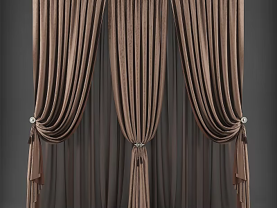 Elegant Pleated Brown Velvet Curtains With Luxurious Tassel Ties And Soft Drapery 3d model