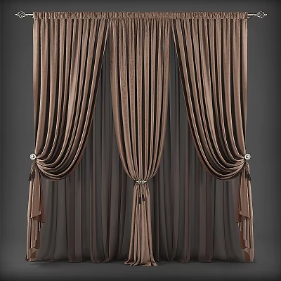 Elegant Pleated Brown Velvet Curtains With Luxurious Tassel Ties And Soft Drapery 3d model