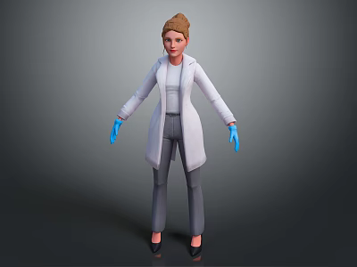Game Movie Female Character with Brown Hair White Lab Coat Blue Gloves 3D Model Design 3d model