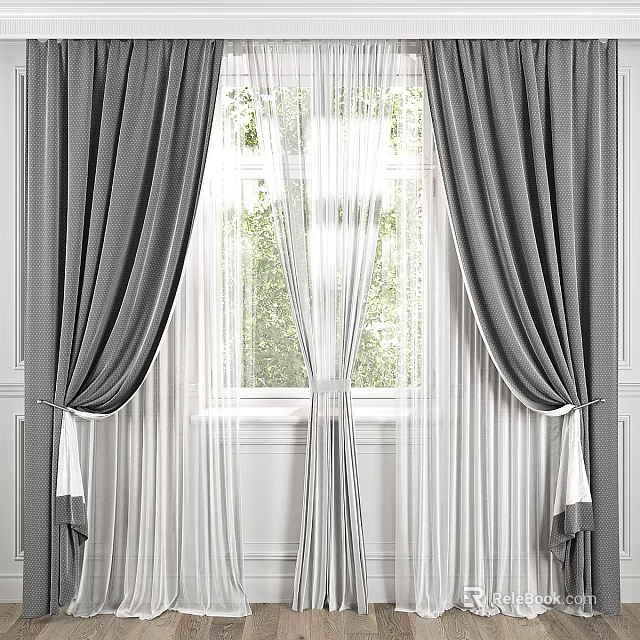 Gray Curtains with White Sheer Panels Pleated Design for Window Green View 3d model 