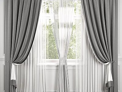Gray Curtains with White Sheer Panels Pleated Design for Window Green View 3d model
