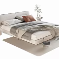Modern Minimalist Double Bed With Light Fabric Pillows Blanket Bedside Tables Lamp Plant And Rug