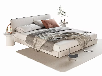 Modern Minimalist Double Bed With Light Fabric Pillows Blanket Bedside Tables Lamp Plant And Rug 3d model