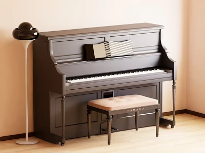 Black Upright Piano Interior With Wooden Bench And Floor Lamp 3d model