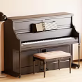 Black Upright Piano Interior With Wooden Bench And Floor Lamp