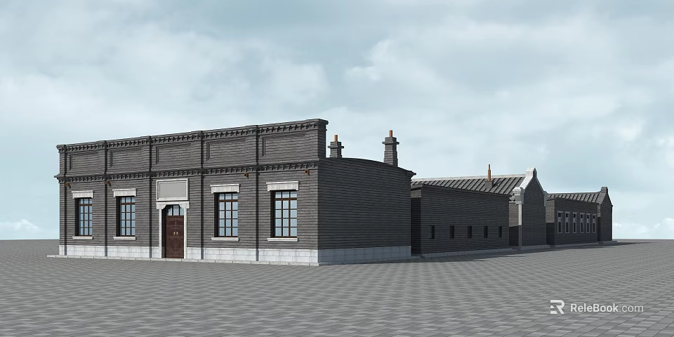 Traditional Style Rural Self Built House With Gray Brick Walls Wooden Door And Windows 3d model 