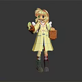Pink Haired Character With Yellow Coat Red Gloves And White Winged Creature Holding Brown Box