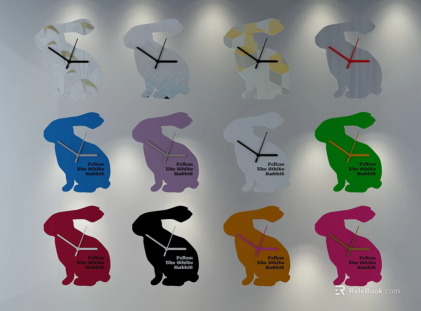 Colorful Rabbit Shaped Wall Clocks With Various Vibrant Hues And Decorative Design 3d model 