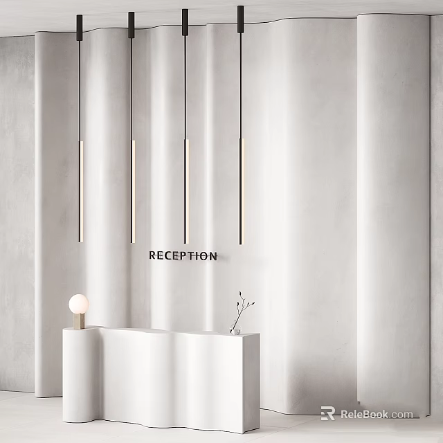Minimalist Reception Table Chair Set with Vertical Pendant Lights and Dried Flowers 3d model 