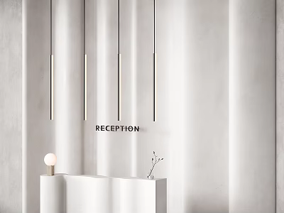 Minimalist Reception Table Chair Set with Vertical Pendant Lights and Dried Flowers 3d model