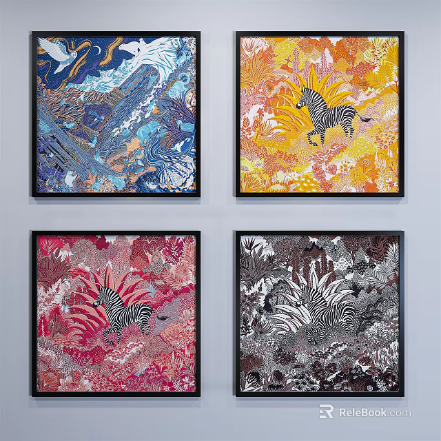 Four Colorful Abstract Decorative Paintings With Zebra Patterns For Wall Art 3d model 