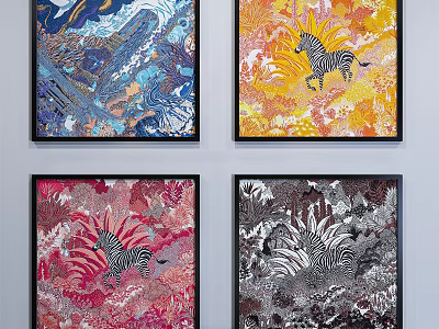 Four Colorful Abstract Decorative Paintings With Zebra Patterns For Wall Art 3d model