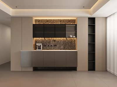 Sleek Modern Sideboard With Textured Stone Backsplash LED Lighting And Open Shelves 3d model