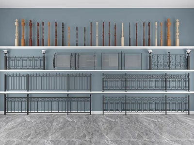 Various Railings With Wooden Balusters And Metal Designs Displayed On Shelves 3d model