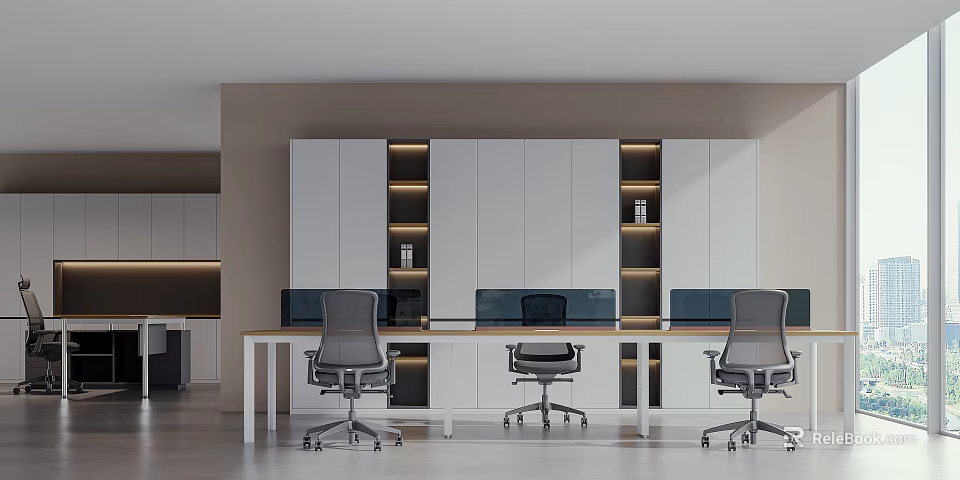 Modern Office Interior With Sleek Desk Ergonomic Chairs Lit Open Shelves And Storage Cabinets 3d model 