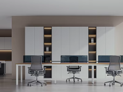 Modern Office Interior With Sleek Desk Ergonomic Chairs Lit Open Shelves And Storage Cabinets 3d model