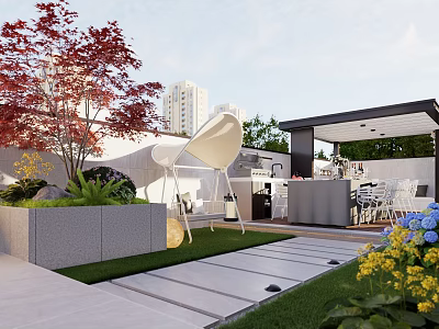Modern Garden Space With Lush Lawn Stone Path Outdoor Seating And Colorful Flowers 3d model