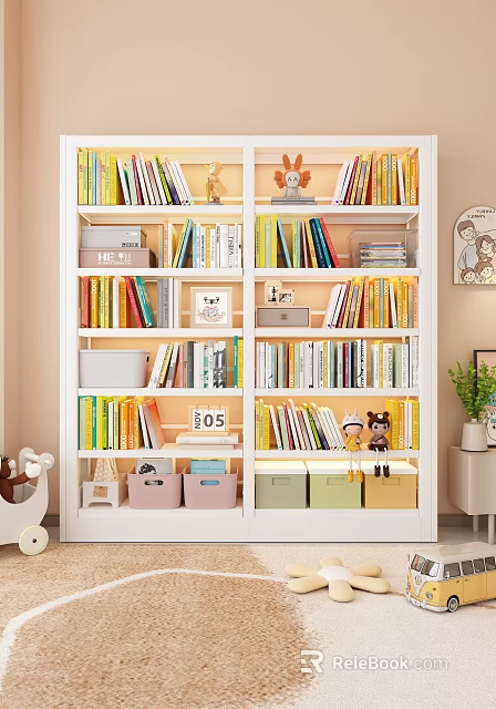 Modern White Home Bookcase Full Of Various Books Lovely Decor And Colorful Practical Storage Bins 3d model 