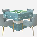 Blue Entertainment Table With Green Center Surface And Four Gray Upholstered Gold Leg Chairs