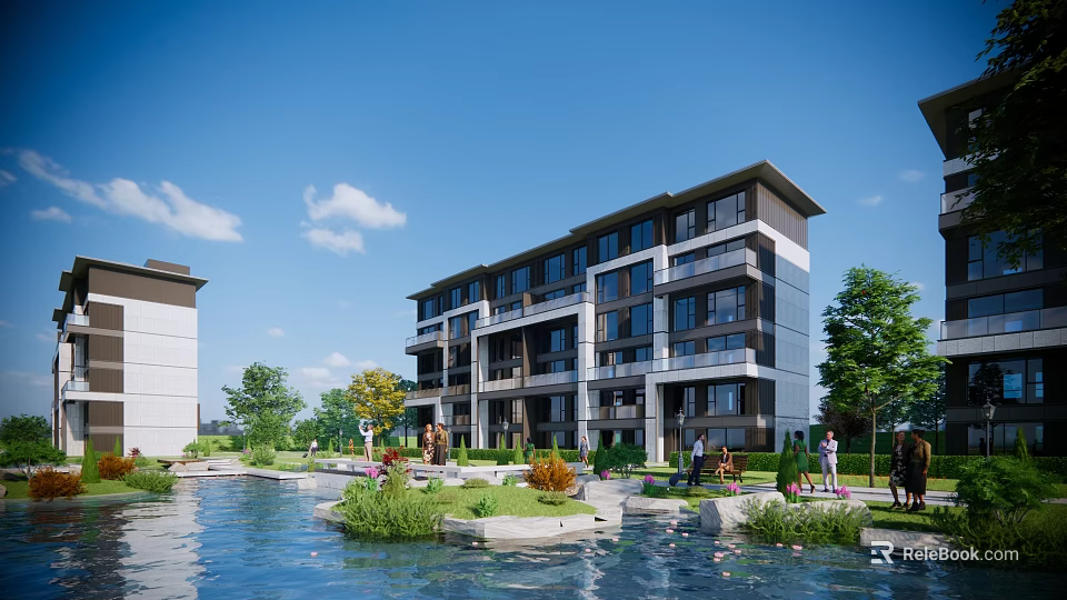 Modern Multistory Residential Building With Scenic Waterfront Green Landscaping And Community Area 3d model 