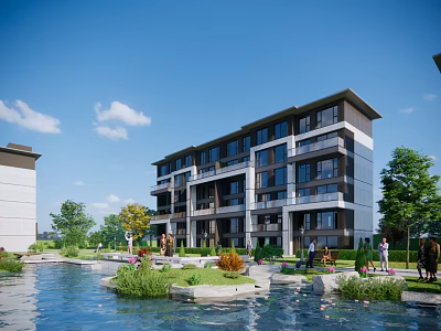 Modern Multistory Residential Building With Scenic Waterfront Green Landscaping And Community Area 3d model