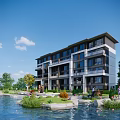 Modern Multistory Residential Building With Scenic Waterfront Green Landscaping And Community Area
