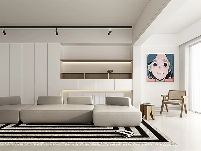 Modern Living Room Decor With Gray Sofa Black White Striped Rug Wooden Side Table And Wall Art 3d model