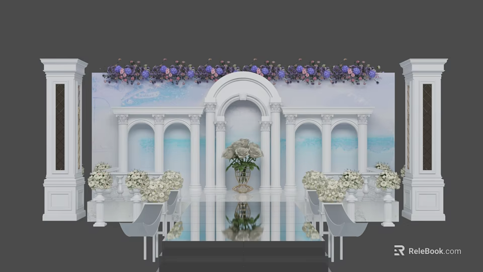 Elegant Wedding Stage With White Arch Blue Backdrop Purple White Floral Garland Central Vase And Mirrored Floor 3d model 