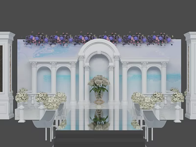 Elegant Wedding Stage With White Arch Blue Backdrop Purple White Floral Garland Central Vase And Mirrored Floor 3d model