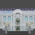 Elegant Wedding Stage With White Arch Blue Backdrop Purple White Floral Garland Central Vase And Mirrored Floor