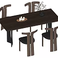 Dark Wooden Rectangular Dining Table Set with Four Chairs and Decorative Tray Candles Black Vase 3d model