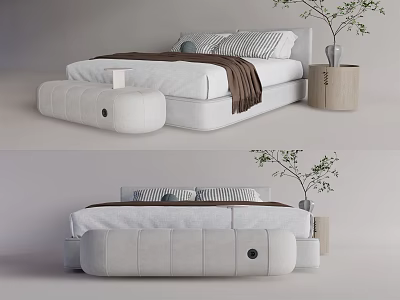 Modern Double Bed With White Linen Striped Pillows And Footstool 3d model