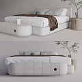Modern Double Bed With White Linen Striped Pillows And Footstool