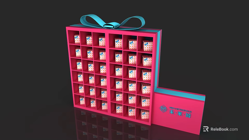 Pink Gift Box With Blue Ribbon Bow And Multiple Small Compartments Holding Items 3d model