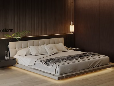 Double Bed with Upholstered Headboard LED Strip Lighting and Dark Wooden Walls 3d model