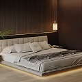 Double Bed with Upholstered Headboard LED Strip Lighting and Dark Wooden Walls