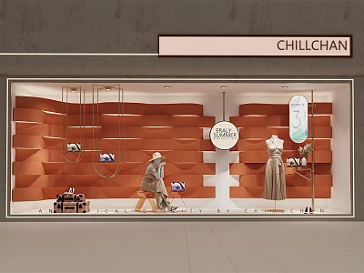 Chillchan Fashion Studio Shop Window with Orange Layered Walls Mannequins Shopping Cart And Dresses 3d model