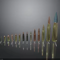 Various Types Of Weapon Bullets With Different Sizes And Metallic Colors Arranged