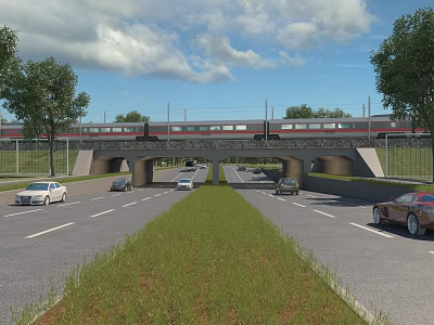 Road Infrastructure Featuring Multi lane Road Vehicles Railway Overpass Green Grass And Trees 3d model