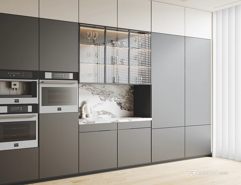 Modern Open Kitchen With Gray Sideboard Built-in Appliances Glass Door Tableware Marble Countertop 3d model 