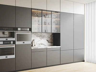 Modern Open Kitchen With Gray Sideboard Built-in Appliances Glass Door Tableware Marble Countertop 3d model