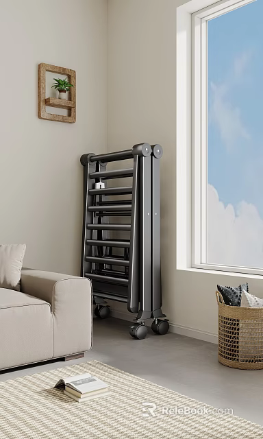 Black Vertical Hanger With Stylish Design In Living Room Corner Near Sofa And Window 3d model 