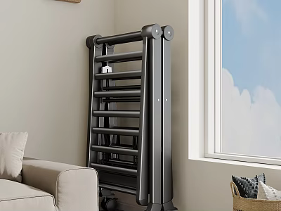 Black Vertical Hanger With Stylish Design In Living Room Corner Near Sofa And Window 3d model